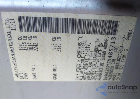 2012 Nissan Altima 2.5 S z USA, uszkodzony, nr VIN 1N4AL2AP4CN485713